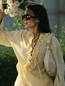 Women Blouse Yellow Ruffled Lace Up Long Sleeve Top For Romantic Casual Styling - Yellow - View 10