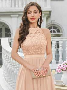 MIUSOL Backless Lace Ruffle Chiffon Formal Party Maxi Dress - Champagne - View 8