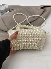 1pc Fashionable Elegant Pearl Knit Handbag With Shoulder Strap, Chic Design - A - View 6