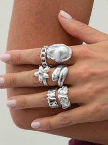 Set de 6 anillos de estilo barroco vintage multiusos, con perlas falsas, diseño asimétrico de metal líquido, arrugado y con flores, adecuado para reuniones con amigos y uso diario