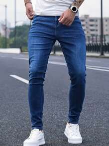 1pc Men Skinny Distressed Denim Jeans, Elastic Breathable Casual Cargo Pants With Pockets, Solid Color Suitable For Urban Walking, Family Outdoor Activities, All Season