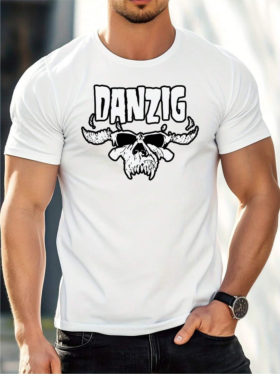 Men's T - Shirt With Danzig Logo , Men's 220gsm New Summer Casual Crew Neck Pure Cotton Short-Sleeved T-Shirt(1 PC) - White - View 1
