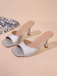 Spring/Summer 2025 Women's Fashion French Style High Heel Slippers, Summer Sandals, Open Toe Shoes, Gold & Silver Leather Female Shoes