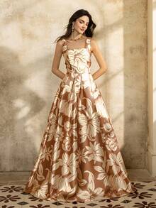 Faeriesty Printing Vintage Square Neck Sleeveless Floral Print Dress With Back Tie Closure - Flowy Feminine Design For Spring Summer, Garden Parties, Weddings & Evening Events,Vacation Essentials - Khaki - View 8