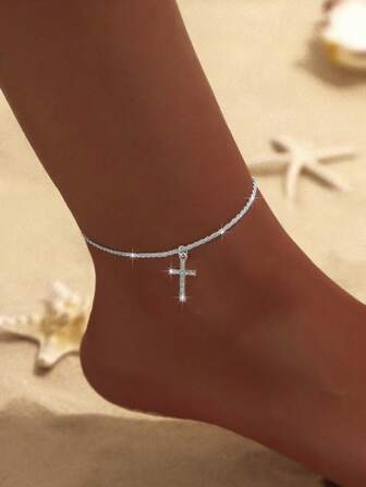 Double - Layer Fashionable Cross - Shaped Sparkling Anklet For Both Men And Women, With A Neutral Premium Cold Tone, Shiny And Versatile Foot Jewelry