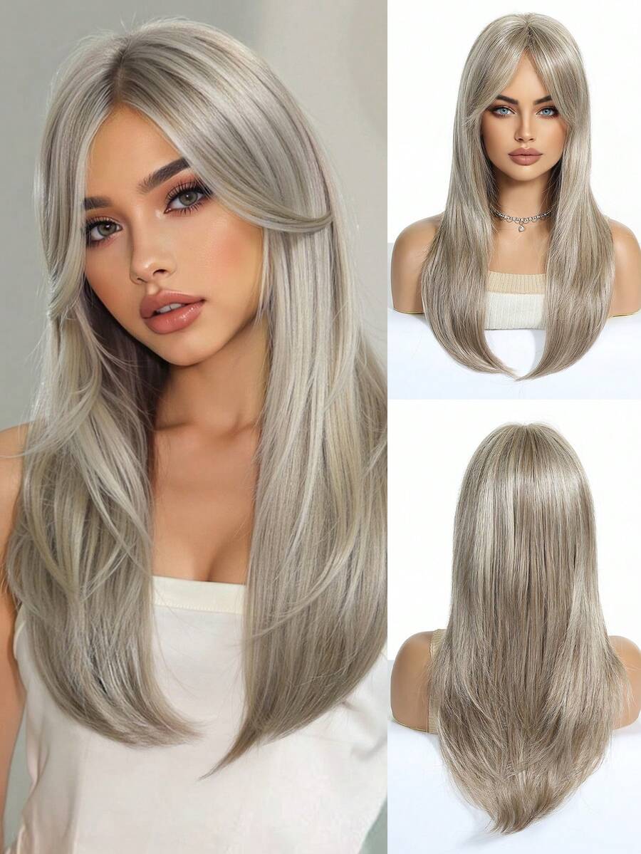22-Inch Long Silver Butterfly Synthetic Hair Bangs Wig, 100% Imported Fiber Hair, Natural And Realistic, Suitable For Cosplay, Back To School Season And Other Occasions - 銀色 - 查看 1