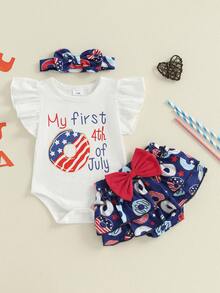 My First 4th Of July Baby Girl Outfit Popsicle Letter Print Flying Sleeve Romper Popsicle Pattern Tiered Ruffled Tutu Skirt Shorts Set Fourth Of July Clothes - trắng - Xem 1