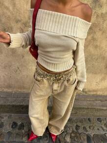 Solid Color Off Shoulder Casual Long Sleeve Knit Top, Autumn/Winter