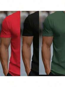Kit Of 3 Men's Plain T-Shirts Premium Combed Mesh 100% Cotton Basic Summer - Army Green - View 1