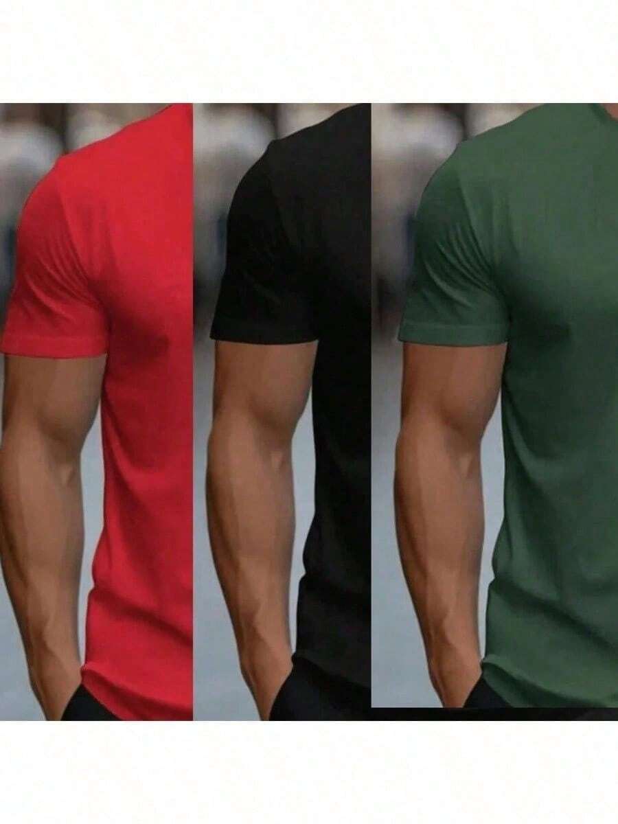 Kit Of 3 Men's Plain T-Shirts Premium Combed Mesh 100% Cotton Basic Summer - Army Green - View 1