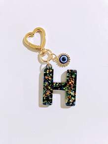 1pc Laser Black Shiny Resin A-Z Initial Keychain, With Devil Eye And Heart Keyring Bag Charm Pendant, Party Favor, Suitable For Holiday Gifts To Friends