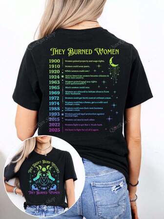 Dames zomer T-shirt met print van They Didn't Burn The Witches met letterpatroon, ronde hals, korte mouwen, eenvoudig, casual, dagelijks, zwart, grote maten