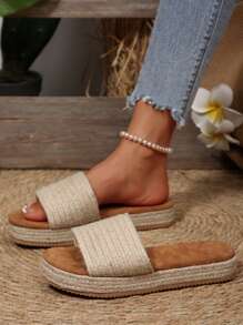 Sandalias casuales para mujer con suela gruesa, zapatos planos de talla grande tejidos con cuerda, pantuflas ligeras para el verano