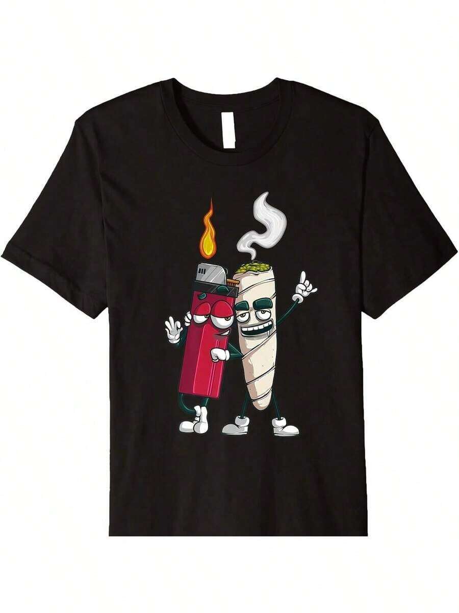 Camiseta corta de manga corta con estampado gráfico divertido, ideal como regalo para hombres - Encendedor de cigarrillos de broma, Cool 420 Gag Premium - Negro - Ver 1