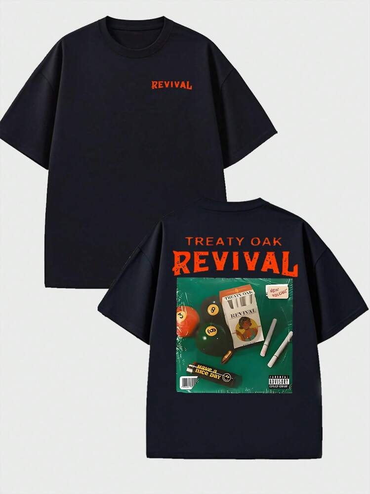 Music - Style Black T - Shirt, Orange "REVIVAL" Typography On Front, Orange "TREATY OAK REVIVAL" Typography With Pool Balls, Cigarettes And Other Graphic Combinations On Back, 100% Cotton 220g Double - Sided Printed
