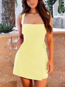 欧美风女装夏季新款亮黄色时尚方领性感短款连衣裙修身廓形不对称设计女士连衣裙