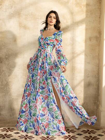 Vestido longo elegante com estampa floral vibrante, corpete justo e decote coração – mangas bufantes, detalhe em V profundo nas costas e fenda lateral para festas no jardim, casamentos ao ar livre e celebrações de primavera, formal, vestido de festa, vestido longo, para noite, convidada de casamento