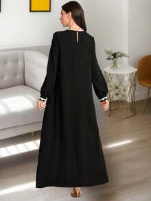 Elegant Lace Trim Solid Color Robe, Women's Loose Long Dress - Black - View 2