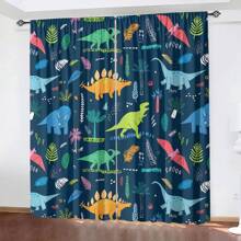 2 piezas de cortinas con estampado de dinosaurios juguetones - filtro de luz, diseño de bolsillo para vara para dormitorio, sala de estar, decoración de oficina - poliéster duradero, lavable a máquina