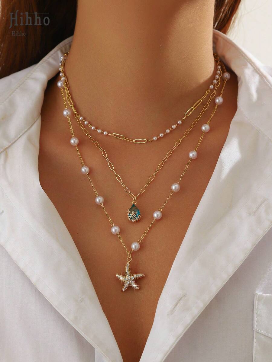Hihho 3pcs/Set Fashionable Cubic Zirconia Embedded Navy Blue Water Drop Pendant Necklaces, Ocean Series Starfish Pendant Necklaces, Pearl Necklaces, Choker Necklaces, Necklace Sets, Suitable For Daily Wear, Festivals, Party Gifts (Random Pearl Quantity) - Yellow Gold - View 1