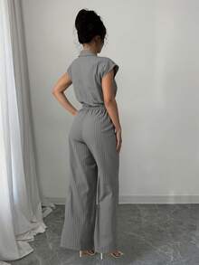 Mono holgado con cinturón de rayas básico informal pantalones largos  y adolescente, apropiado para vacaciones  Liso  Casual    Botón  Bolsillo  Botón delantero - Negro - Ver 3