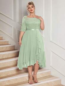 加大号船领花卉蕾丝撞色雪纺荷叶边下摆鸡尾酒会秋千连衣裙