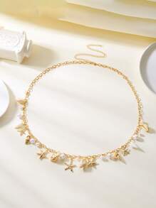 1pc Bohemian Summer Beach Vacation Sexy Starfish & Shell Waist Chain For Women, Exaggerated Ocean Elements Conch Faux Pearl Pendant Body Chain, Suitable For Beach Wear (Pendant Quantity & Position Random)