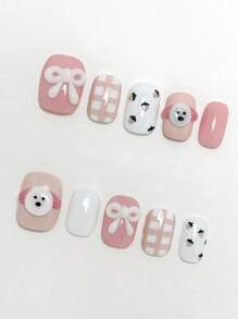 10 pezzi Adesivi per unghie DIY, serie rosa a cartoni animati, cani Pomerania 3D carini con fiocchi, dipinti a mano, fragola quadrata, dolce e commovente