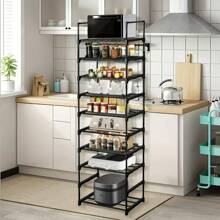 8 Tier Adjustable Kitchen Shelf, Kitchen Organizer Storage, Black Metal Shelf With Hooks, Spice Rack, Kitchenware And Utensil Rack, Home Decor For Kitchen, Pantry, Bathroom, Valentine's Day, Easter Decor.