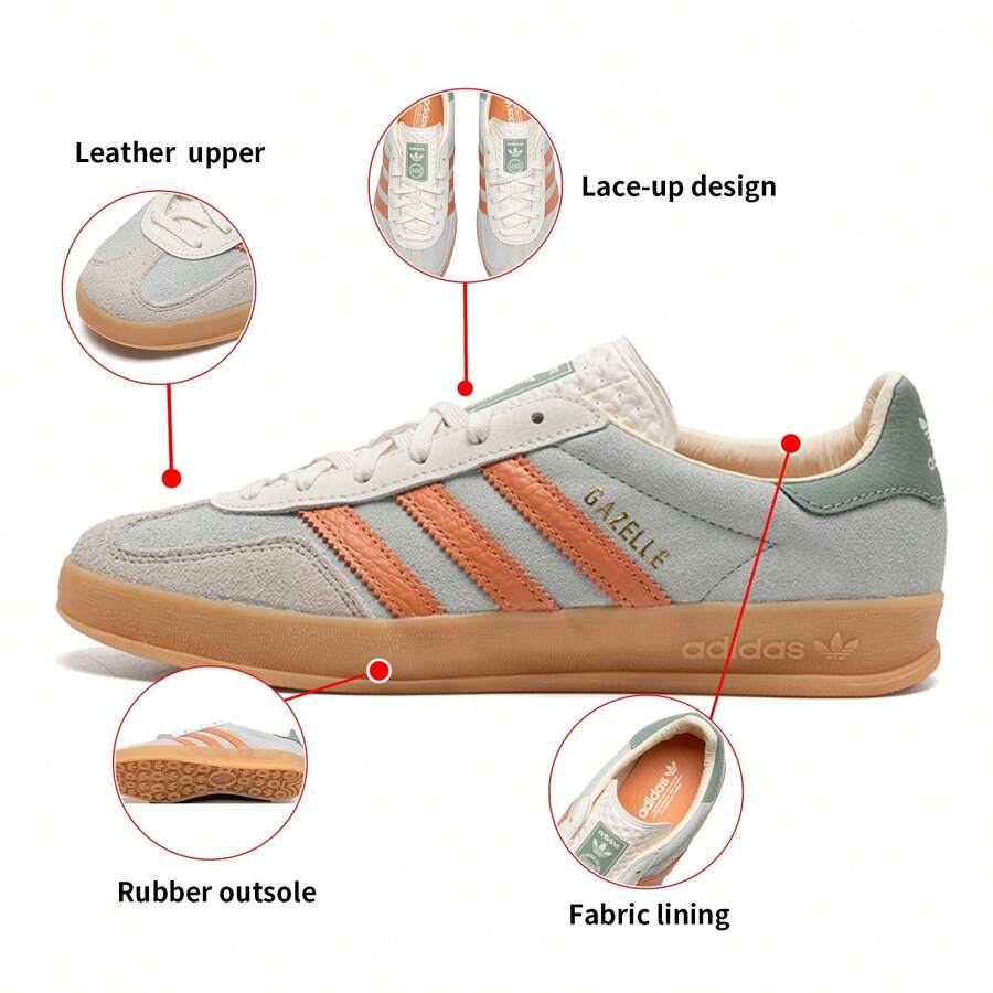 Adidas Originals 男鞋女鞋休閒鞋 GAZELLE INDOOR 舒適輕量運動鞋低筒耐磨情侶鞋 - 灰綠/橙黃 - 查看 1