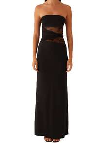 Women's Summer Long Tube Dress Sheer Lace Patchwork Sleeveless Strapless Backless Bodycon Ankle Length Dress - 黑色 - 查看 6