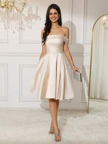 Off Shoulder Satin Ruffle Dress Short A-Line Homecoming Dresses For Teens, Prom Cocktail Party, Graduation, Wedding - Gold - View 6