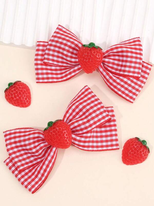 2pcs Girls Strawberry Hair Bow Clips, Strawberry Charm Decorated & Red-White Gingham Print Bows, Cute Kawaii Hair Accessories For Birthdays Spring Summer