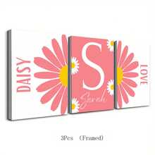 3pcs/Set Personalized Name Wall Art Posters - Customized Pink Daisy Nursery Decor Set For Girls | Custom Name Floral Wall Art For Living Room, Bedroom, Kitchen Decor - Unique Gift Idea Unframed Indoor Art Prints Gifts Birthday Graduation