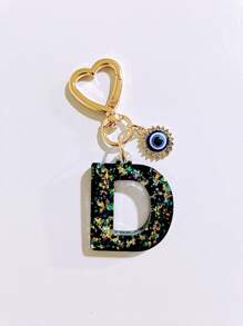 1pc Laser Black Shiny Resin A-Z Initial Keychain, With Devil Eye And Heart Keyring Bag Charm Pendant, Party Favor, Suitable For Holiday Gifts To Friends