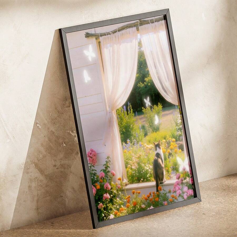 1 Pc Canvas Painting,Framed Picture, Cat, Window, Curtains, Flowers, Garden, Butterflies ,Wood Framed Painting (1) Thickness 2.5 Cm/ 1 Inch-Home Decoration For All Occasions,Ideal New Year, Valentine's Day,Thanksgiving,Easter,Christmas Gift,Room Decoration Aesthetic,Wall Decoration Art,Perfect Gift,Autumn And Winter Wall Decoration,Living Room Decoration, Bedroom Decoration, Kitchen Decoration, Entry Decoration, Bathroom Decoration, Direct Wall Painting, High Quality Wall Painting Poster,Modern Home Decoration Stretched And Framed Ready To Hang