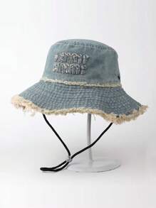 1 pieza Gorro cubo unisex vintage lavado con cordón, bordado y desgastado, sombrero versátil de protección solar para deportes al aire libre, viajes, playa y ocasiones casuales