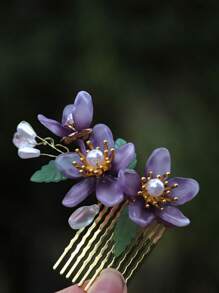 1 pieza / Elegante pinza para el cabello con diseño de flor de melocotón morado de gran tamaño, de 7CM de largo, con estilo antiguo chino, decoración para el cabello, cheongsam, borla larga, de material metálico con retención permanente del color, fácil de usar