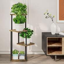 Plant Stand 5 Tier Indoor Metal Flower Shelf For Multiple Plants Corner Tall Flower Holders For Patio Garden Living Room Balcony Bedroom, Black (5 Tier-Black) - 4層-黑色+鄉村棕色 - 查看 3