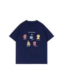 Women's Loose Black Printed T-Shirt - Short Sleeves, Loose Fit, Machine Washable, Japanese Text, Panda Pattern Design
