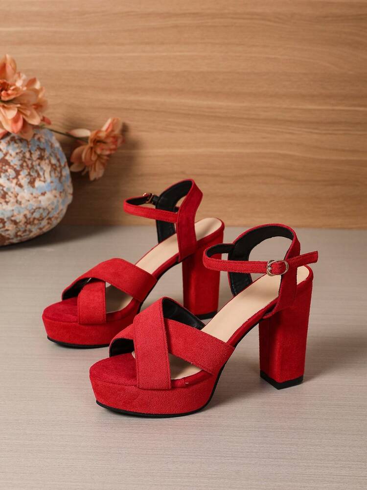 Sandalias de plataforma alta con tacón grueso rojo, puntera puntiaguda, de gamuza negra y hebilla trasera, cómodas y versátiles para mujer, para primavera/verano - Rojo - Añade 1