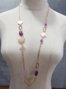 1pc Elegant Geometric Acrylic Bead Hollow Iron Plate Long Necklace, Bohemian Style, Multi-Color, Versatile For Women's Daily Wear