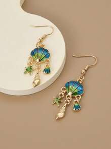 1 Pair Elegant Women's Oil Drop Shell & Starfish Dangle Earrings, Vacation Casual Style