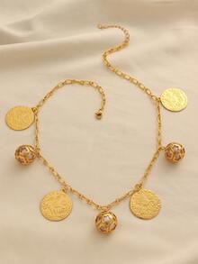 1 Pc Vintage Cute Brass Plated Coin & Tassel Pendant Necklace, Suitable For Women's Daily Wear And Festivals Gift - Yellow Gold - View 2