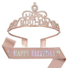 2pcs Birthday Belt And Rhinestone Crown Set, Silver Birthday Belt And Crown, Women's Birthday Decoration Set, Rhinestone Headband Suitable For Women, Sparkling Crystal Hair Accessory Suitable For Birth Parties, Party Supplies - Multicolor - View 3