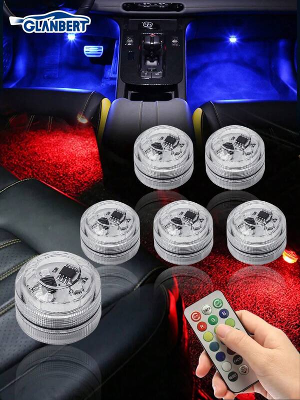 GLANBERT 1set 8/6/4LED Car Color Decorative Light RGB Remote Control Foot Light High Brightness Multi-Mode Ambient Light ﻿