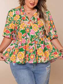 Plus Size Women Casual Floral Print Ruffle Collar Tie Waist 3/4 Lantern Sleeve A-Line Blouse Shirt, For Summer