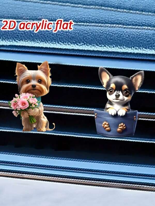 1pc 2D Cute Chihuahua/Yorkie Breed Dog Car Air Vent Clip Aroma Diffuser, Cartoon Decor Gift, Car Interior Accessory, Clip-On Air Freshener - Acrylic Fragrance Diffuser