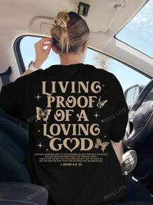 Summer Christian Graphic T-Shirt, Bible Verse Print "Living Proof Of A Loving God, I John 4:9-10", Casual Loose Fit Batwing Short Sleeve Tee, Suitable For Summer Vacation & Christian Women
