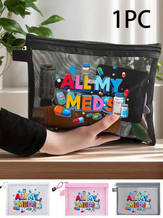 Geantă de cosmetice din plasă cu modele de desene animate "Toate medicamentele mele" cu pastile și sticle de medicamente, model de desene animate, geantă de depozitare portabilă cu pernă de aer roșie, geantă de machiaj, geantă de îngrijire a pielii